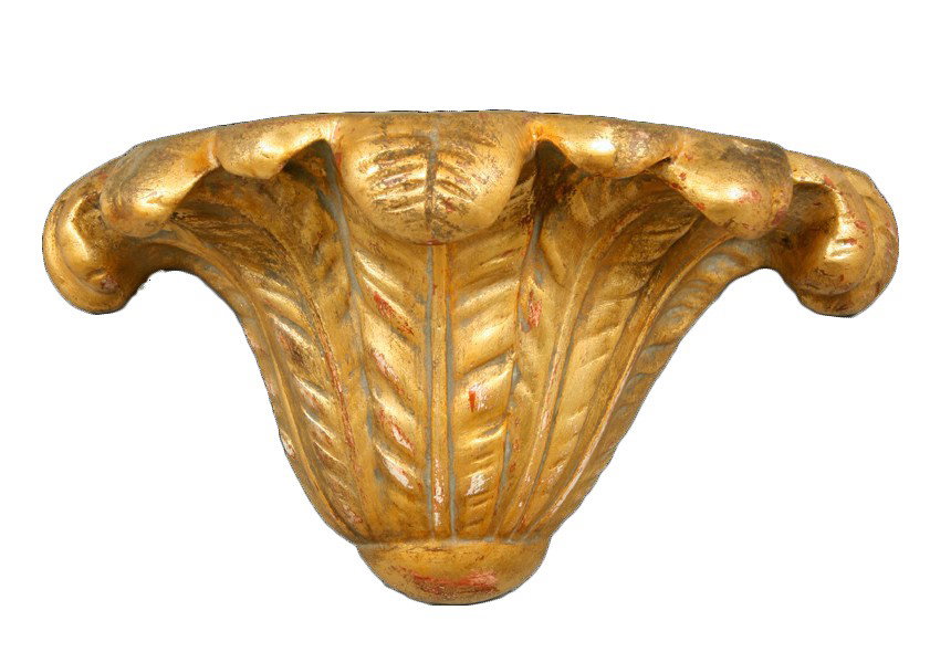 Pr gilded cast plaster feather frond wall pockets: Pair of gilded cast plaster feather or frond shaped electrified wall pockets. Ht: 8.75" Width: 16.25" Depth: 8"