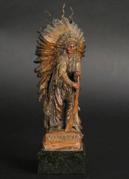 CARL KAUBA STANDING BEAR BRONZE SCULPTURE INDIAN: Carl Kauba (Austrian/American, 1865-1922) "Standing Bear". A bronze sculpture of an indian resting on marble plinth. Signed on side of bronze base. Ht: 8.5"