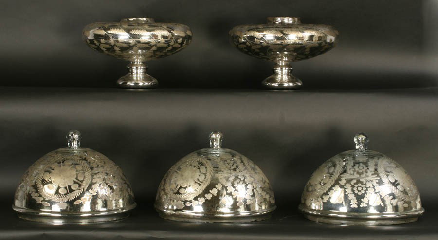 5 PC LOT: 5 MERCURY GLASS DOMES VASES: Five mercury glass items including two vases and three domes, all with copper wheel engraved foliate designs. Ht: 7" Width: 11"