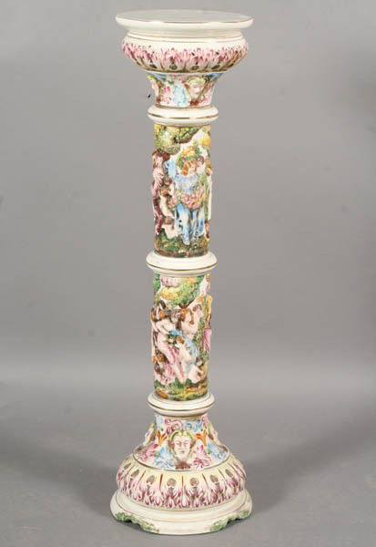 CAPODIMONTE ITALIAN PEDESTAL C.1950: Impressive Capodimonte Italian pedestal in typical Neopolitan style circa 1950. Multi-part with central screw shaft. Ht: 39.5" Width: 12" Depth: 12"