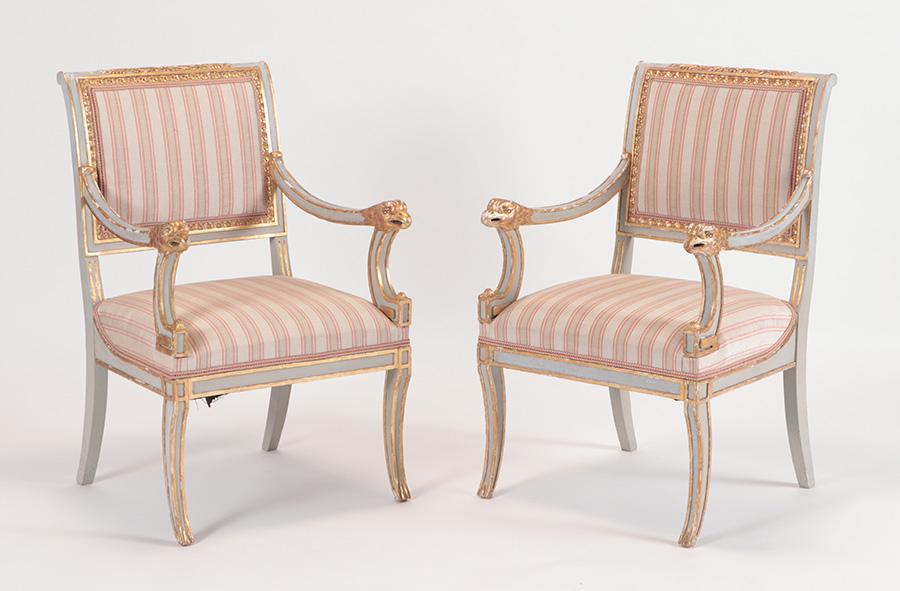 PAIR GILT CARVED AND PAINTED ITALIAN ARM CHAIRS (1 of 7)