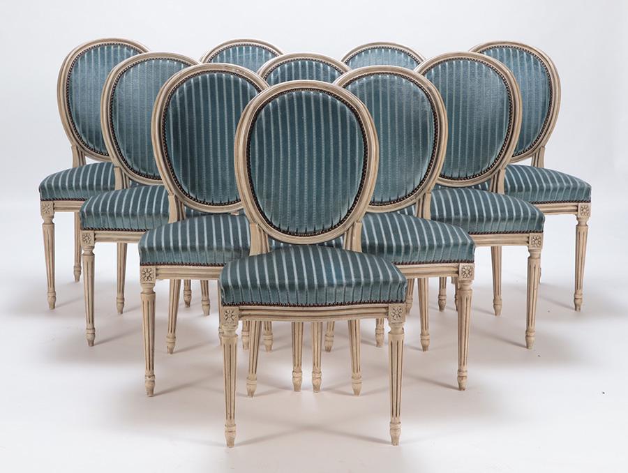 10 PAINTED LOUIS XVI STYLE DINING CHAIRS C.1950 (1 of 5)