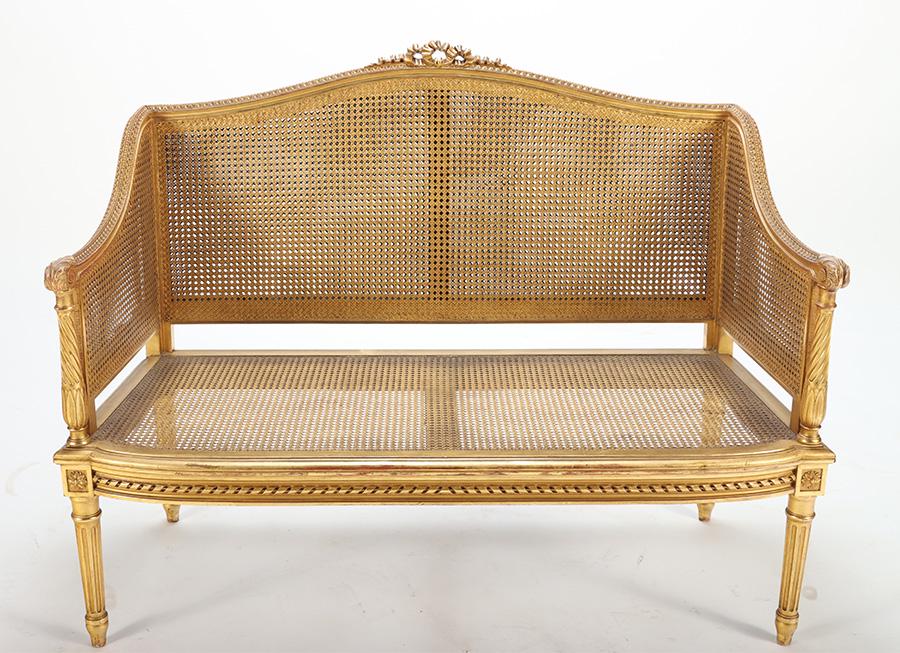 FRENCH GILTWOOD AND DOUBLE CANE SETTEE C.1910 (1 of 7)