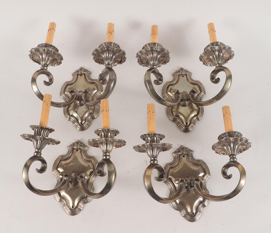 FOUR CONTINENTAL SILVERED BRONZE WALL SCONCES (1 of 5)