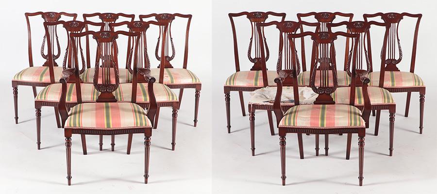 TWELVE CARVED MAHOGANY LYRE BACK DINING CHAIRS C (1 of 7)