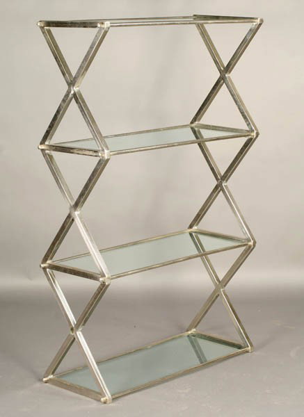 STEEL GLASS SHELF ETEGERE X-FORM SIDES: A steel and glass etegere having four shelves and X-form sides. Ht: 58" Width: 36" Depth: 15"