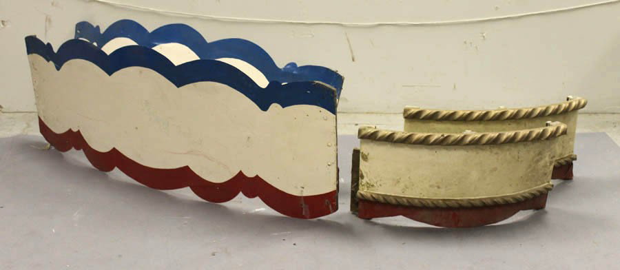 CAROUSEL TENTING PAINTED PANELS CIRCUS: The remaining sections of the carousel including tenting, painted panels central post, and flooring or base circa 1960. Ensuite with the previous three lots.