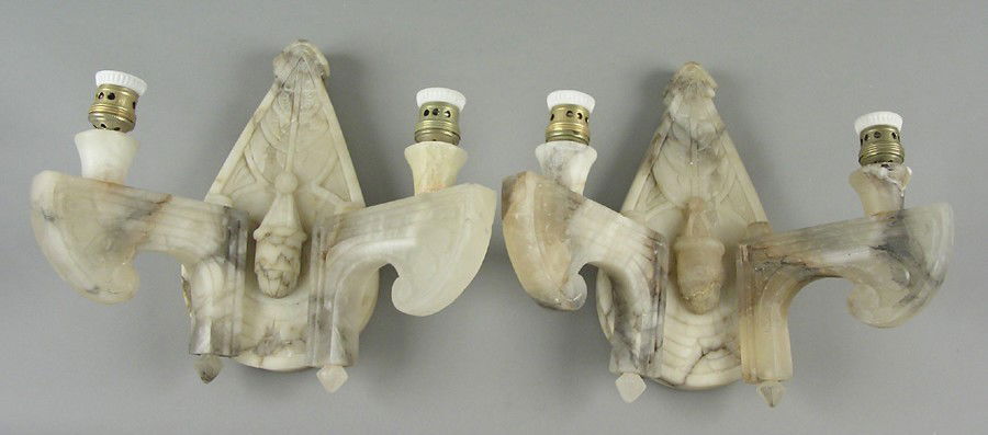 Pair of Art Nouveau alabaster 2 arm wall sconces: Pair of Art Nouveau inspired alabaster two arm wall sconces. 13" x 17"
