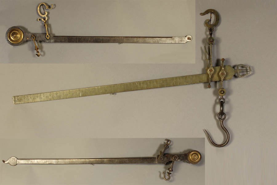 3 PC LOT: 3 ANTIQUE IRON BRASS BEAM SCALES: A three piece lot of antique Continental iron and brass beam scales, one labeled J.Born Carouge, another Portata Chiloc. The longest one measuring 51".