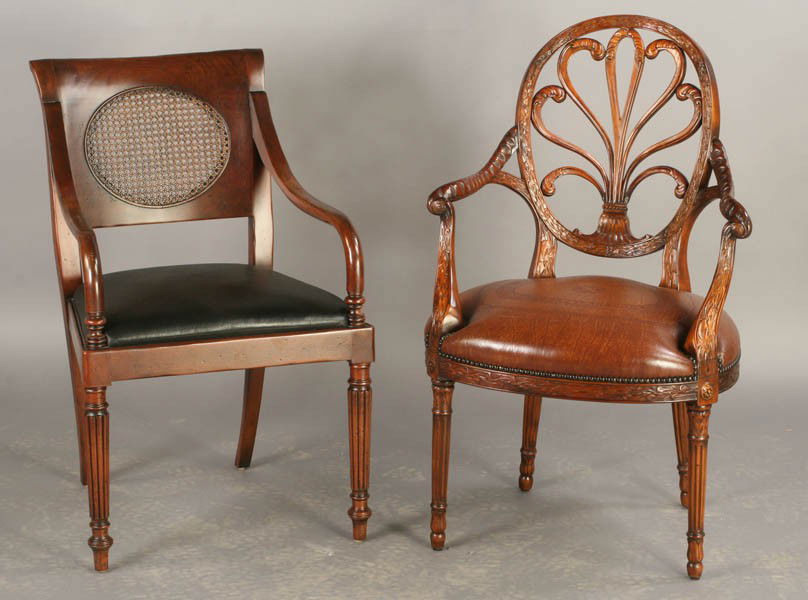 2 CHAIRS CARVED FEATHERS BALLOON BACK CURVED ARMS: A lot of two chairs. The first, having elaborately carved feathers on a balloon back, the second having curved arms and a caned back insert. The first chair measures: Ht: 38" Width: 24" Depth 24". The