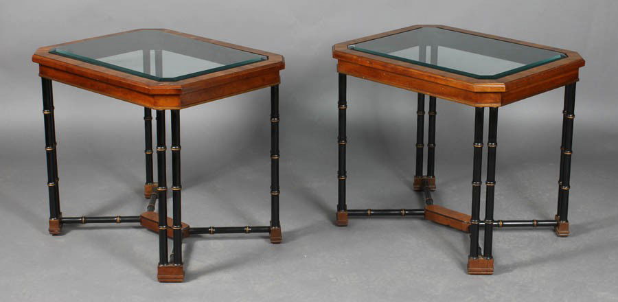PAIR LABELED JOHN WIDDICOMB SIDE TABLES: A pair of labeled John Widdicomb side tables, each with inset beveled glass tops supported on ebonized faux bamboo legs circa 1960. Ht: 24.5" Width: 28.5" Depth: 23"
