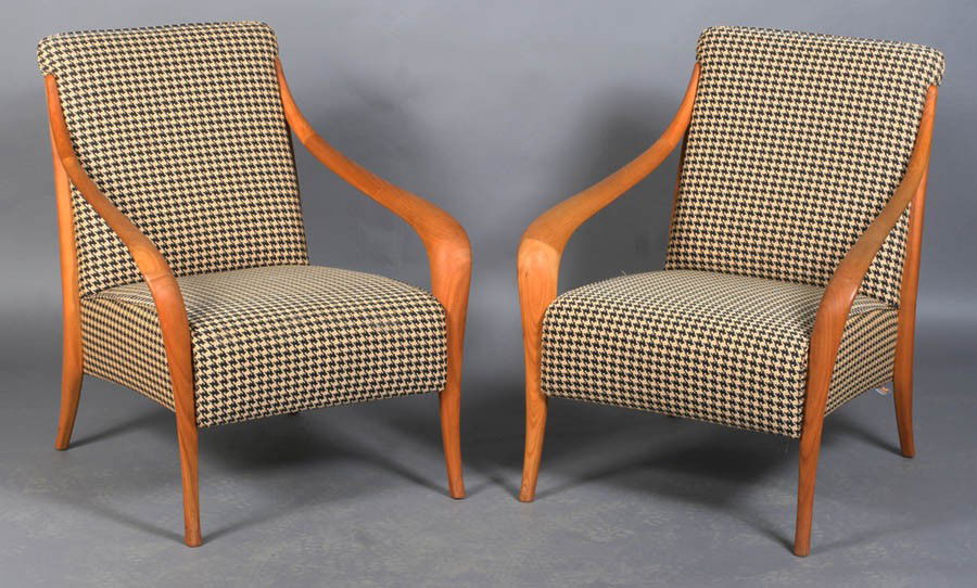 PAIR MODERN LABELED WAGNER DEUTSCHE LOUNGE CHAIRS: A pair of mid century modern labeled Wagner, Deutsche lounge chairs having upholstered back and seat with elegant downswept open arms circa 1970. Ht: 35" Width: 28" Depth: 28"