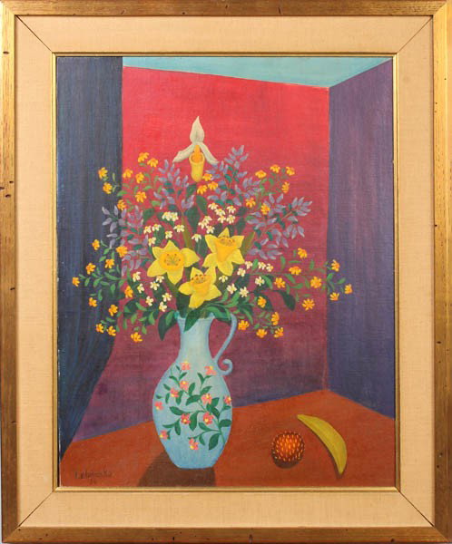 LEBDUSKA AMERICAN STILL LIFE FLOWERS SIGNED: Lawrence A. Lebduska (American 1894-1966) Still life of flowers in vase with fruit. Oil on canvas, signed LL Lebduska and dated 1956. Image size: 19.5" x 15.5" Ht: 24.5" Width: 20.75"