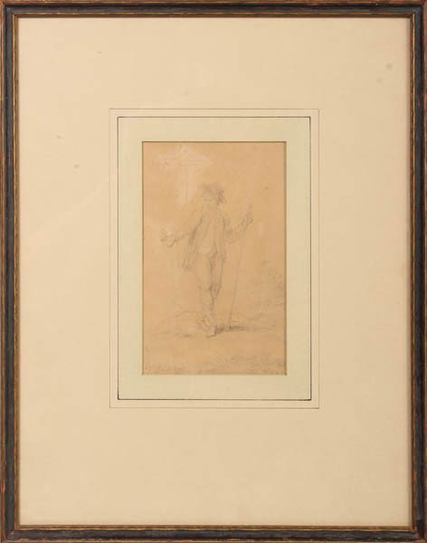 PENCIL PAPER DRAWING MALE FIGURE WALKING STICK: A pencil on paper drawing of a male figure with walking stick. Possibly the work of Francesco Bartolozzi (Italy 1727-1815). SLL F. Bartolozzi Image size: 16.75" x 13.25" Ht: 7" Width: 4.5"
