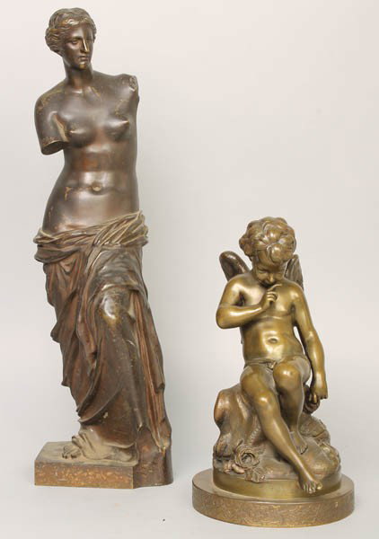 2 PC LOT BRONZE VENUS DE MILO WINGED PUTTI: Two piece lot including a bronze Venus de Milo and a bronze winged putti. Ht: 17" Width: 5" Depth: 4"