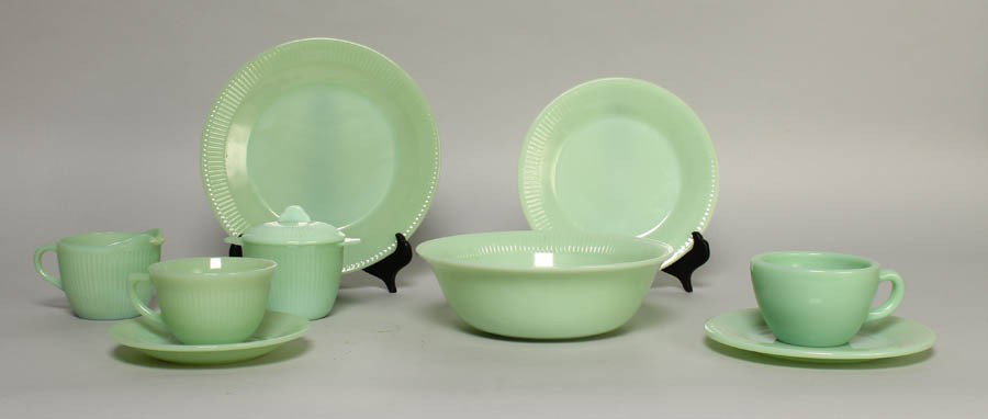 SET FIREKING JADEITE DISHES RIDGE EDGE SMOOTH: A set of Fireking Jadeite dishes circa 1940. Consisting of 216 Ridge edged pieces, and 29 smooth edged pieces.