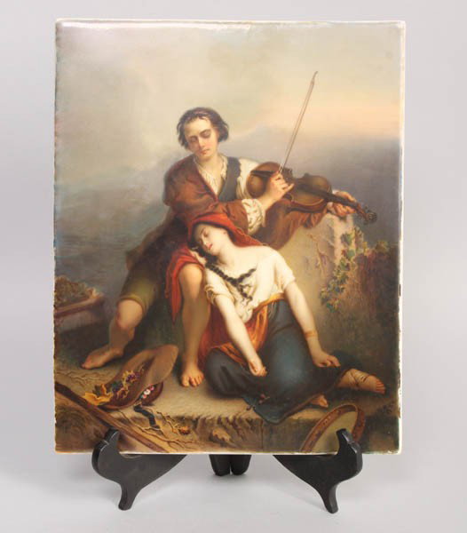 KPM PORCELAIN PLAQUE MALE FIGURE MAIDEN: A very fine KPM porcelain plaque depicting a comforting male figure playing the violin over a sleeping maiden in the foreground circa 1880. Ht: 11" Width: 9"