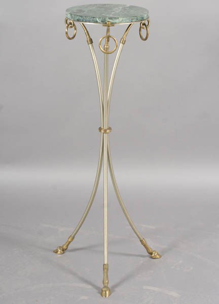 A Regency style steel & bronze pedestal marble to: A Regency style steel and bronze pedestal having a marble top supported on downswept legs with ring decoration and hoof sabots circa 1960. Dimensions: Ht: 40" Dia: 12"