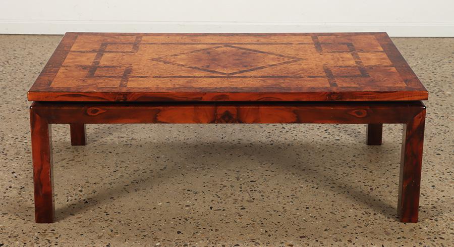 BURL AND INLAID WOOD COFFEE TABLE WITH FLOATING (1 of 7)