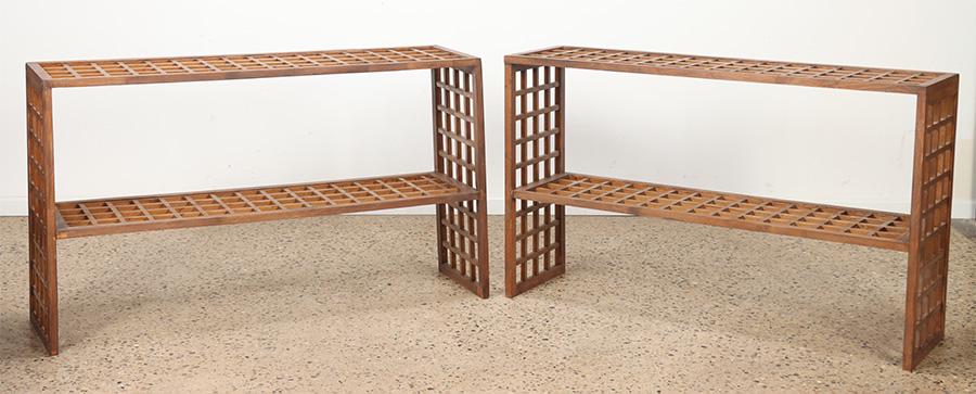 A PAIR OF LATTICE FORM CONSOLE TABLES.: A pair of lattice form console tables. Ht: 34.5" Wd: 57.5" Dpth: 16"