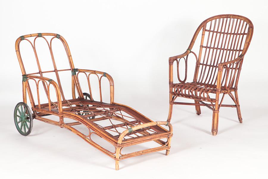 A RATTAN CHAISE LOUNGE AND ARMCHAIR C 1940. (1 of 6)