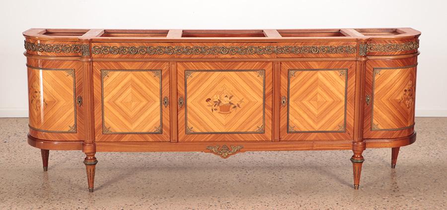 FRENCH LOUIS XV STYLE BRONZE MOUNTED MARBLE TOP: French Louis XV style bronze mounted marble top sideboard C 1950. Lacking top. Ht: 39" Wd: 102.25" Dpth: 22"