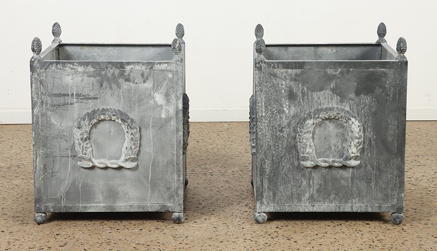 PAIR METAL PLANTERS LEAD FINISH WREATH DESIGN (1 of 6)