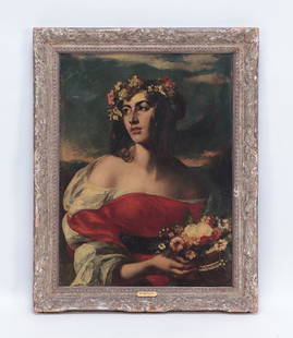 WILLIAM ETTY PORTRAIT OF A YOUNG LADY OIL PAINTING: William Etty (British 1787-1849) Portrait of a young maiden, oil on wood panel. No visible signature, labels on back from Art Institute of Chicago and Christie's, mounted in original period frame. Fra