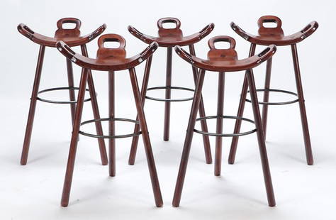 FIVE WOOD AND IRON BAR STOOLS ATTRIBUTED TO: Five wood and iron bar stools attributed to Sergio Rodriguez C 1970. Ht: 33" Wd: 29.5" Dpth: 16"