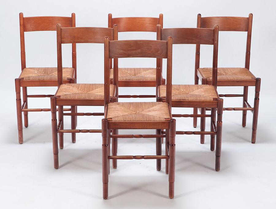 SIX FRENCH RUSH SEAT DINING  CHAIRS C 1950. (1 of 7)