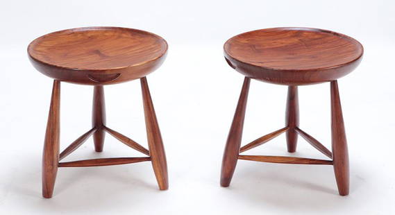 PAIR WOOD STOOLS IN THE MANNER OF SERGIO: Pair wood stools in the manner of Sergio rodriguez. Ht: 18.5" Wd: 18"