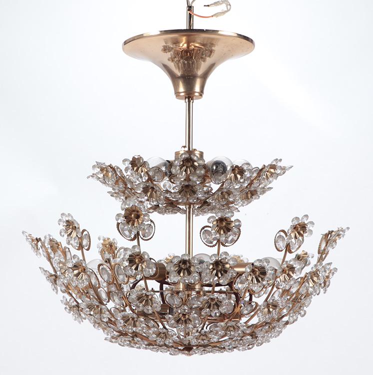 PAIR GLASS AND BRASS FLORAL CHANDELIERS C 1980. (1 of 11)