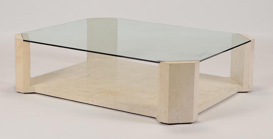 PARCHMENT COVERED COFFEE TABLE MANNER MARX: A parchment covered glass top coffee table in the manner of Samuel Marx C 1955. Ht: 14.75" Wd: 55" Dpth: 43.25"