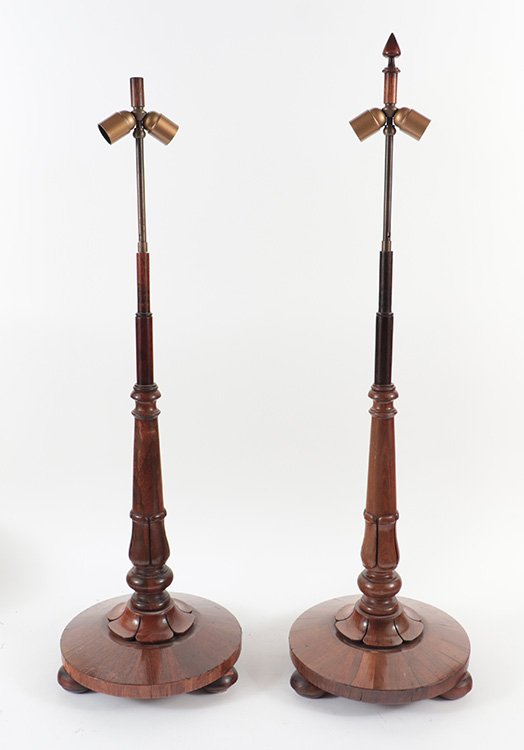 Pair nineteenth century English rosewood bases converted to table lamps. Ht: 30.5" Wd: 4.5" (1 of 8)