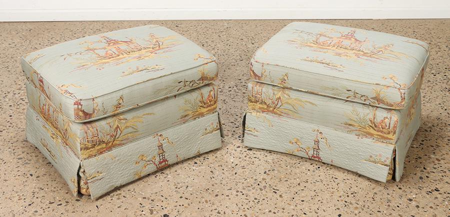 Pair of Chinoeserie decorated Henredon ottomans. Ht: 18" Wd: 28" Dpth: 23": Pair of Chinoeserie decorated Henredon ottomans. Ht: 18" Wd: 28" Dpth: 23"