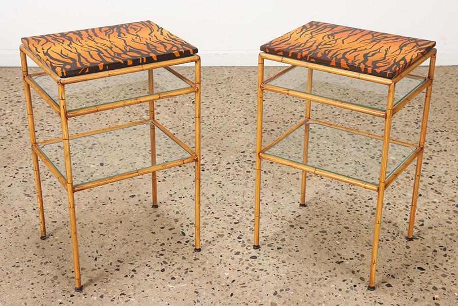 Pair faux painted iron, glass and wood end tables by Bill Russel. Ht: 26.25" Wd: 16.25" Dpth: 13" (1 of 6)