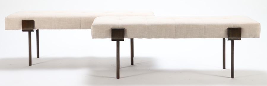 A pair of upholstered iron benches in the manner of Karl Springer. Ht: 18" Wd: 51" Dpth: 15.5" (1 of 5)