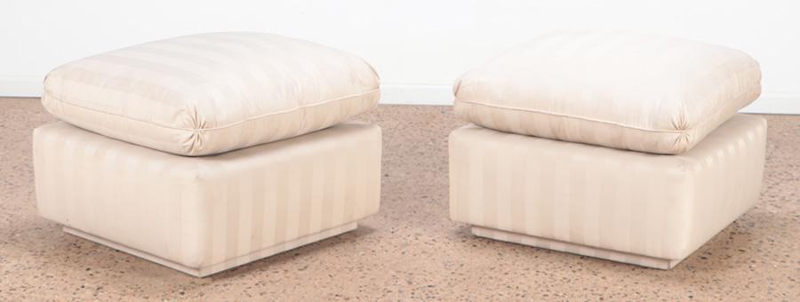 A pair of ottomans with loose cushions and striped fabric. Ht: 21.75" Wd: 29" Dpth: 29" (1 of 4)