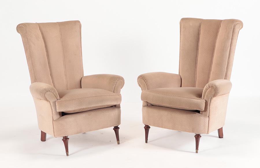 A pair of channel back upholstered club chairs C 1950. Ht: 41" Wd: 32" Dpth: 30" (1 of 7)