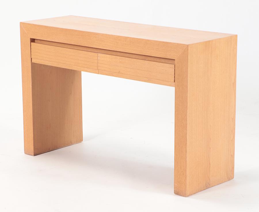 A modern oak console table with two drawers. Ht: 30.25" Wd: 47.25" Dpth: 15.75" (1 of 5)