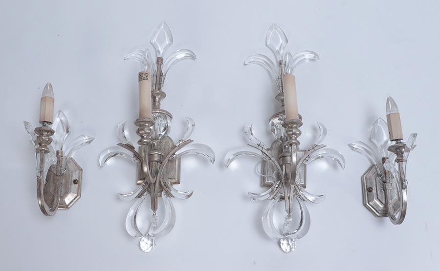 Two pair of lucite and iron wall sconces. Ht: 13.75" Wd: 7.5" Dpth: 9.75" Small Ht: 25" Wd: 12.5": Two pair of lucite and iron wall sconces. Ht: 13.75" Wd: 7.5" Dpth: 9.75" Small Ht: 25" Wd: 12.5" Dpth: 8.25" Big