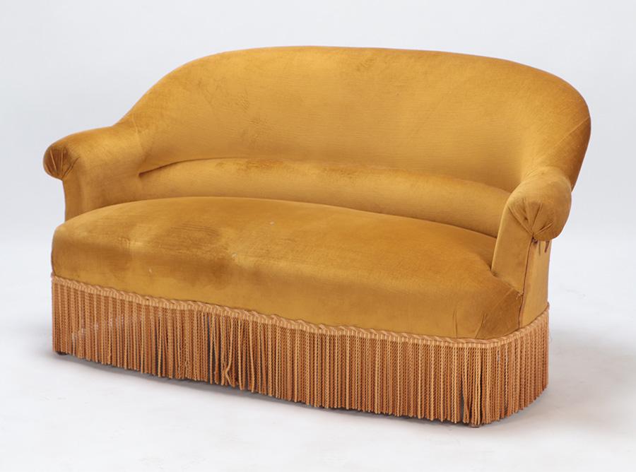 French Napoleom III style settee with fringe detail. Ht: 31.75" Wd: 61" Dpth: 34.5" Seat: 16" (1 of 6)