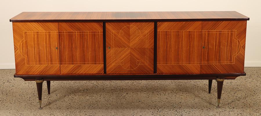 French Inlaid rosewood sideboard with sycamore interior C 1960. Ht: 38.25" Wd: 94.5" Dpth: 20.5" (1 of 11)