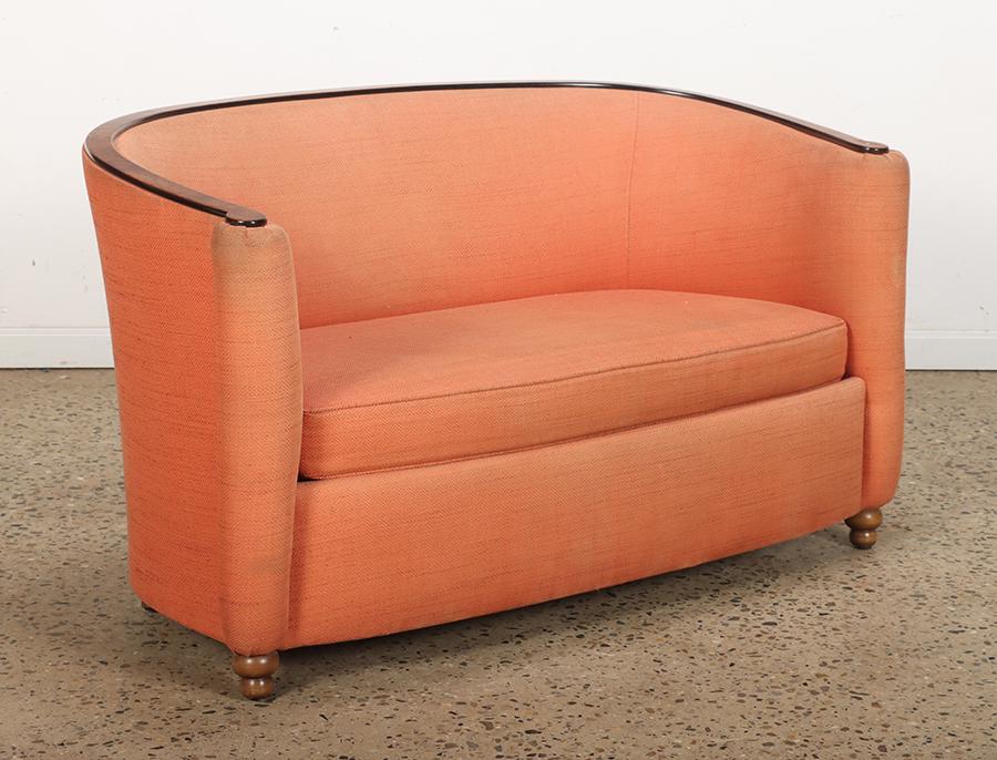 French Art Deco style settee with burl walnut trim. Ht: 28.5" Wd: 50" Dpth: 29" Seat: 15.5" (1 of 7)