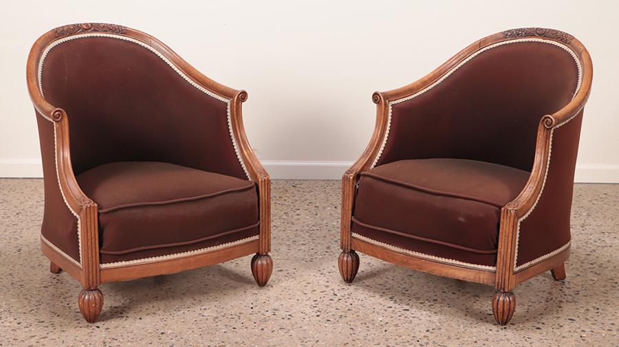 Pair French Art Deco arm chairs in the manner of Paul Follot C 1930. Ht: 33" Wd: 27.75" Dpth: 29.5" (1 of 8)