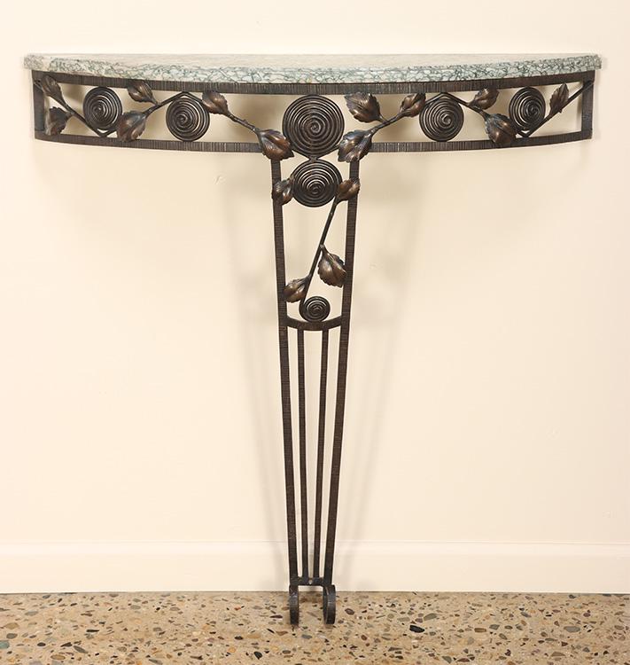 French Art Deco Iron and marble console table C 1940. Ht: 36" Wd: 34.5" Dpth: 8.5" (1 of 5)