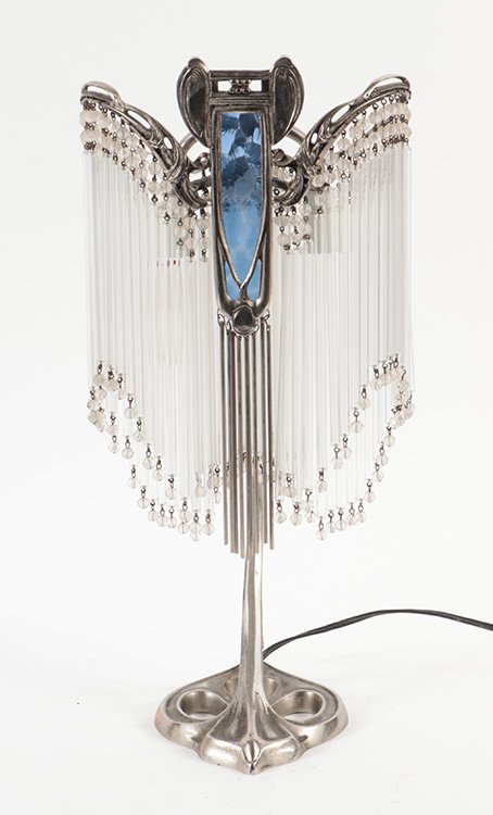 After Hector Guimard, Art Nouveau French cast nickeled metal table lamp having blue glass, clear (1 of 7)