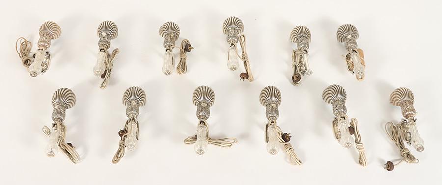 Twelve silver plate and glass shell form wall mounted reading lamps or sconces C 1930. Made in (1 of 11)