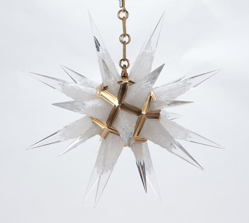 Cut crystal and bronze light fixtures in the manner of R. Lalique. Ht: 25" Wd: 26" (1 of 5)