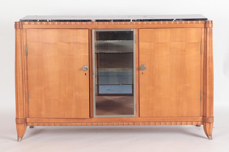 A French Art Deco cherry sideboard having a central nickeled bronze glass door flanked by wood doors (1 of 7)